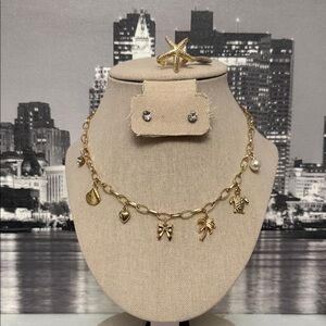 Gold Charm Necklace and Starfish Ring Set